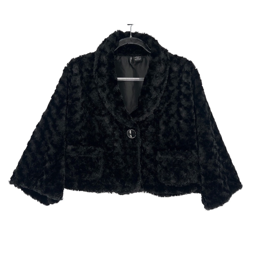 New Directions Petite Faux Fur Crop Jacket Black Button Front PXL Textured Coat